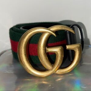 Gucci Green and Red Belt with Gold Buckle